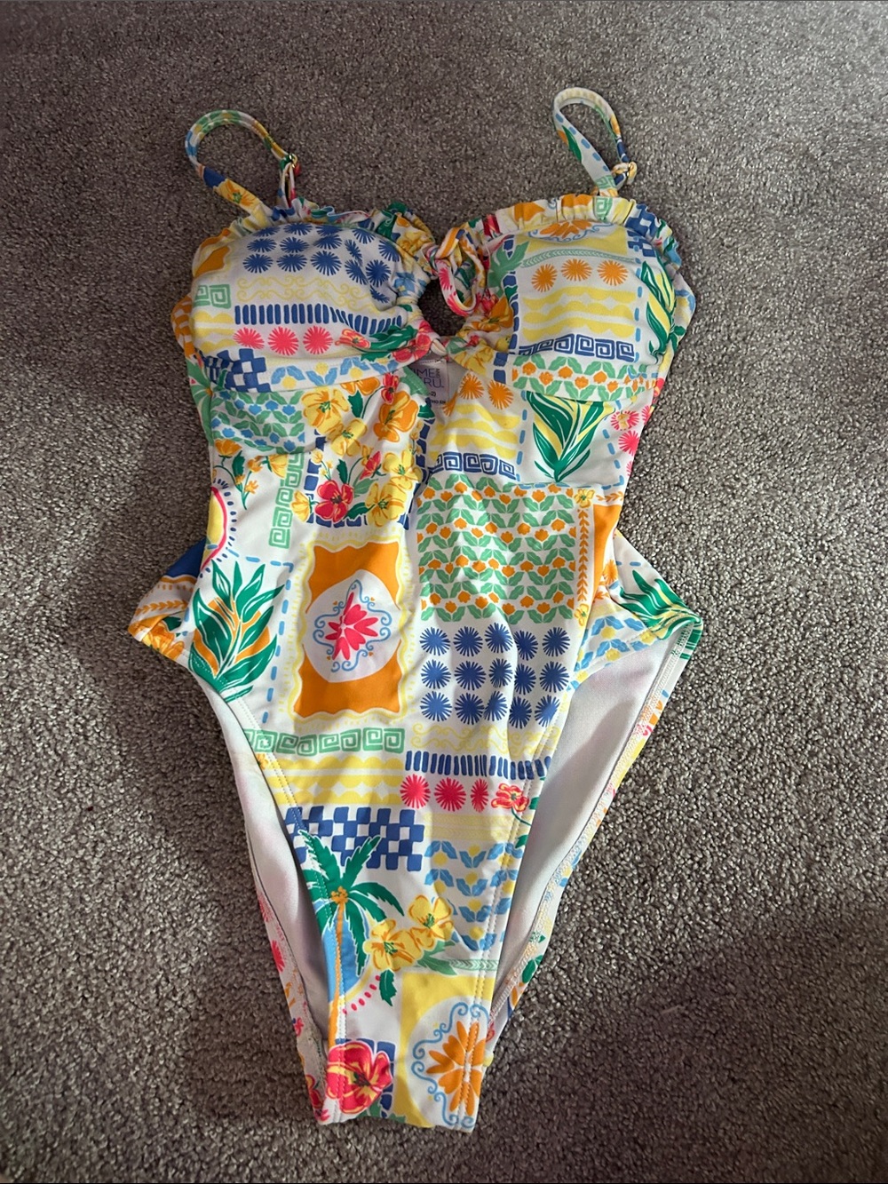Time and Tru Yellow White Multi-Print Girls' One-Piece Swimsuit